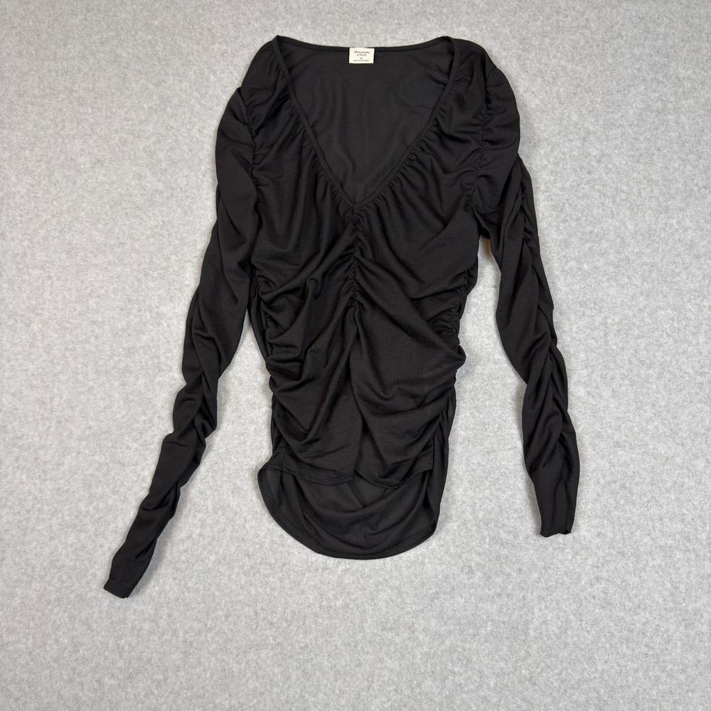 Abercrombie Fitch Black Long Sleeve Ruched V Neck Top Sheer Womens Size M